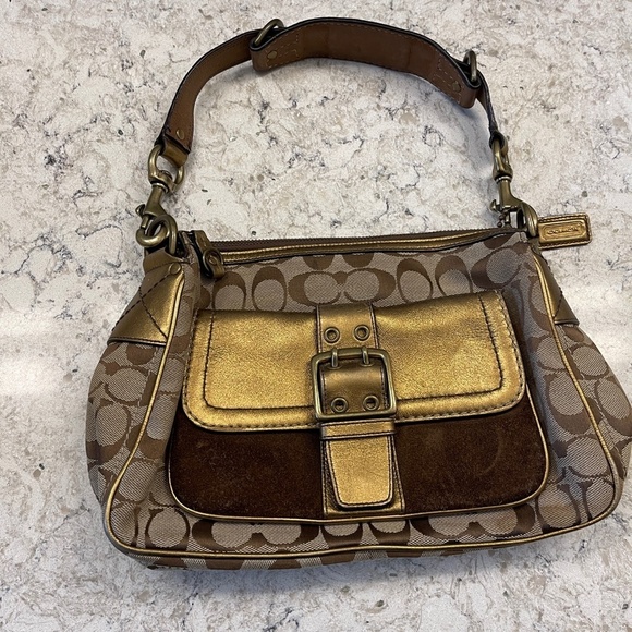 Vintage  Rare Coach Handbag purse with gold and signature khaki "C" - Picture 6 of 13